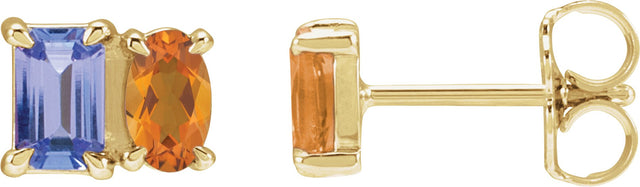 14K Gold Emerald Natural Tanzanite & Natural Citrine Two-Stone Stud Earrings - Yellow Gold