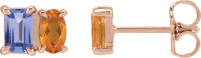 14K Gold Emerald Natural Tanzanite & Natural Citrine Two-Stone Stud Earrings - Rose Gold