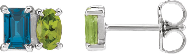 14K Gold Emerald Natural London Blue Topaz & Natural Peridot Two-Stone Stud Earrings - White Gold