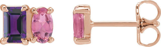 14K Gold Emerald Natural Amethyst & Natural Pink Tourmaline Two-Stone Stud Earrings - Rose Gold
