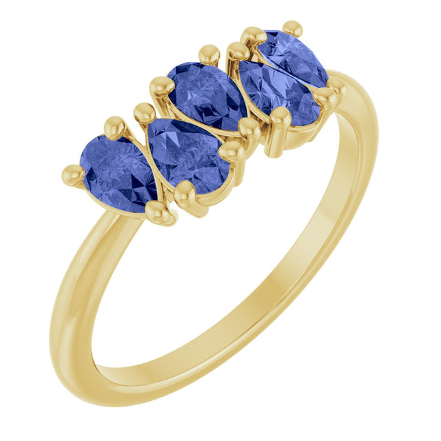 14K Gold Pear Natural Tanzanite Five-Stone Ring - Yellow Gold