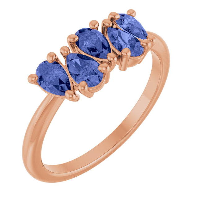 14K Gold Pear Natural Tanzanite Five-Stone Ring - Rose Gold