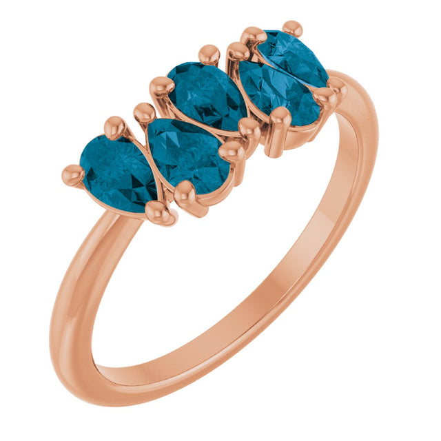 14K Gold Pear Natural London Blue Topaz Five-Stone Ring - Rose Gold