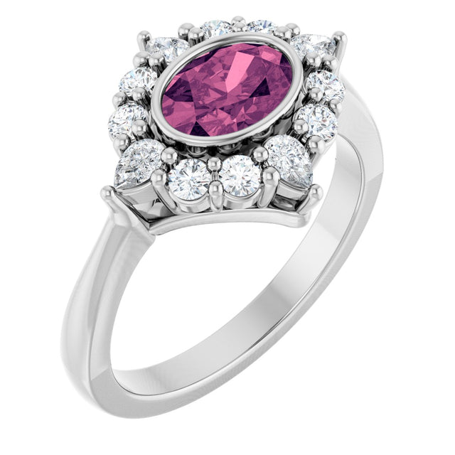 14K Gold Oval Natural Pink Tourmaline & Lab-Grown Diamond Halo-Style Ring - White Gold