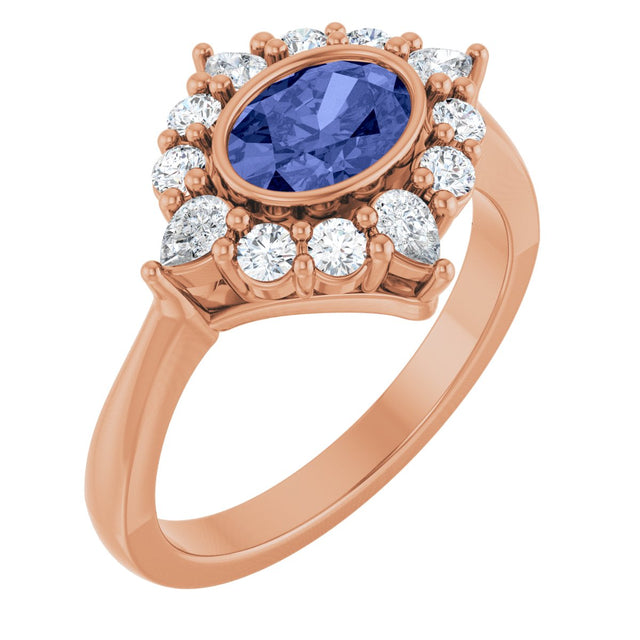 14K Gold Oval Natural Tanzanite & Lab-Grown Diamond Halo-Style Ring - Rose Gold