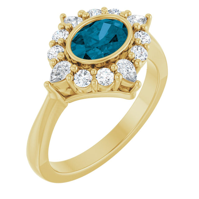 14K Gold Oval Natural London Blue Topaz & Lab-Grown Diamond Halo-Style Ring - Yellow Gold
