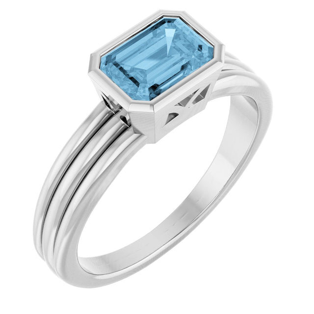 Platinum Emerald Natural Sky Blue Topaz Bezel-Set Grooved Solitaire Ring