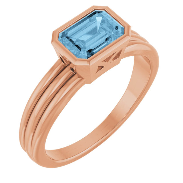 14K Gold Emerald Natural Sky Blue Topaz Bezel-Set Grooved Solitaire Ring - Rose Gold