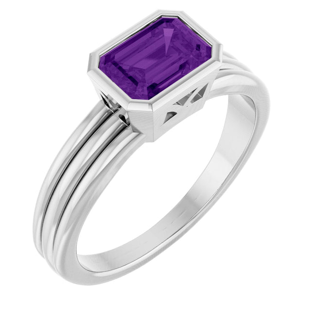 14K Gold Emerald Natural Amethyst Bezel-Set Grooved Solitaire Ring - White Gold