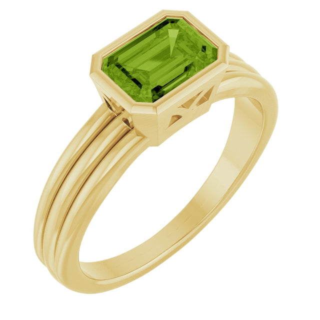 14K Gold Emerald Natural Peridot Bezel-Set Grooved Solitaire Ring - Yellow Gold