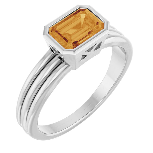 14K Gold Emerald Natural Citrine Bezel-Set Grooved Solitaire Ring - White Gold