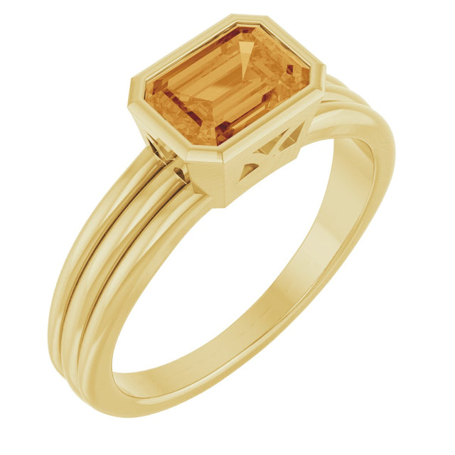 14K Gold Emerald Natural Citrine Bezel-Set Grooved Solitaire Ring - Yellow Gold