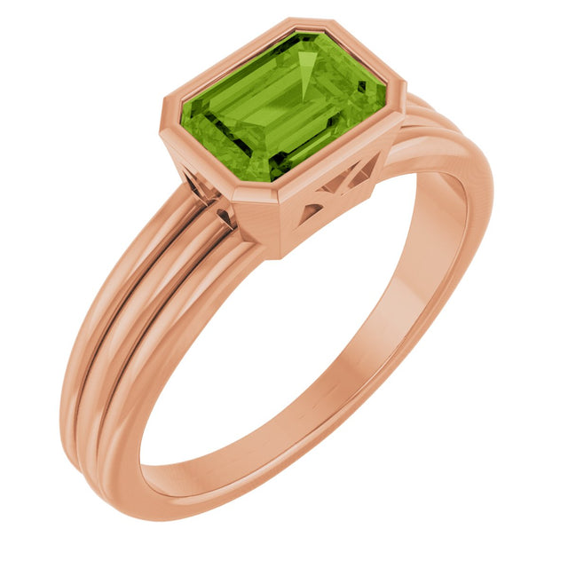 14K Gold Emerald Natural Peridot Bezel-Set Grooved Solitaire Ring - Rose Gold