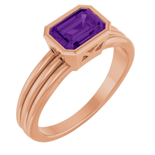 14K Gold Emerald Natural Amethyst Bezel-Set Grooved Solitaire Ring - Rose Gold