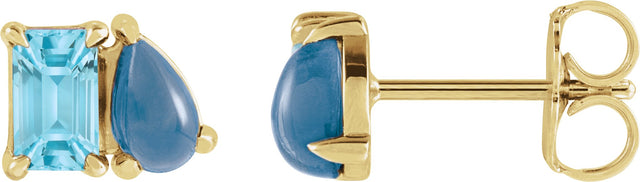 14K Gold Emerald Natural Sky Blue Topaz & Natural London Blue Topaz Two-Stone Stud Earring - Yellow Gold