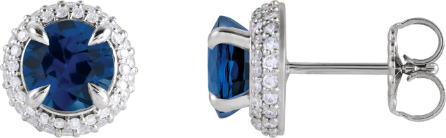 14K Gold Natural Blue Sapphire & Lab-Grown Diamond Round 4-Claw Prong Pre-Notched Halo-Style Earring - White Gold