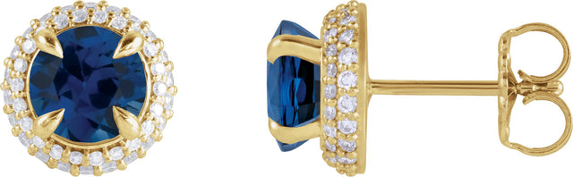 14K Gold Natural Blue Sapphire & Lab-Grown Diamond Round 4-Claw Prong Pre-Notched Halo-Style Earring - Yellow Gold