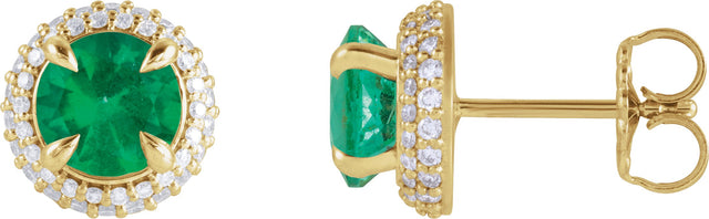 14K Gold Lab-Grown Emerald & Lab-Grown Diamond Round 4-Claw Prong Pre-Notched Halo-Style Earring - Yellow Gold