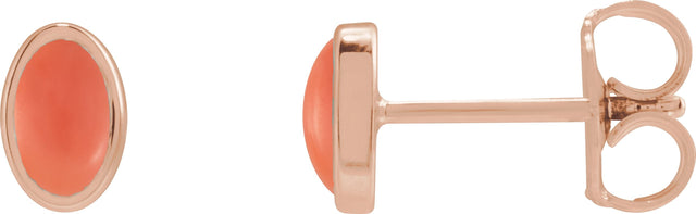 14K Gold Natural Pink Coral Oval Bezel-Set Cabochon Earrings - Rose Gold