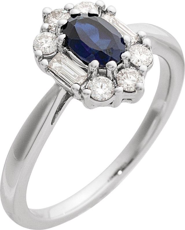 14K Gold Oval Lab-Grown Blue Sapphire & Natural Diamond Halo-Style Ring - White Gold