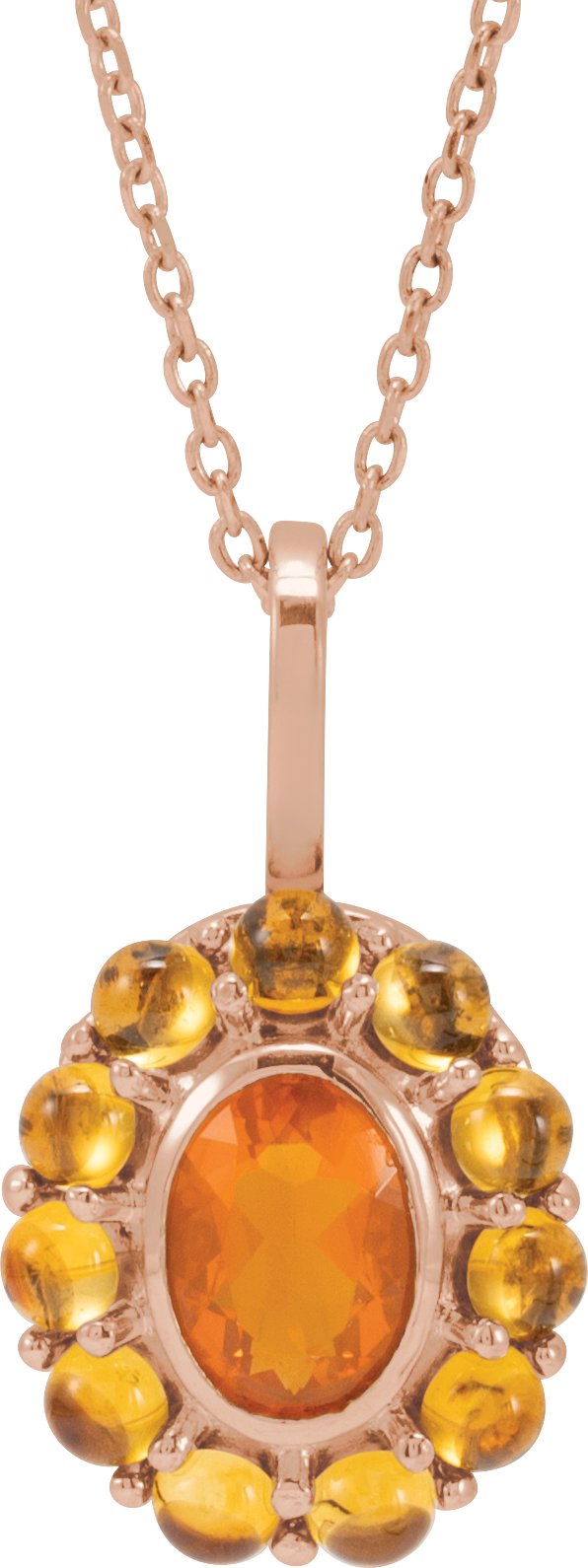14K Gold Oval Natural Mexican Fire Opal & Natural Citrine Cabochon Halo-Style Necklace or Pendant - Rose Gold