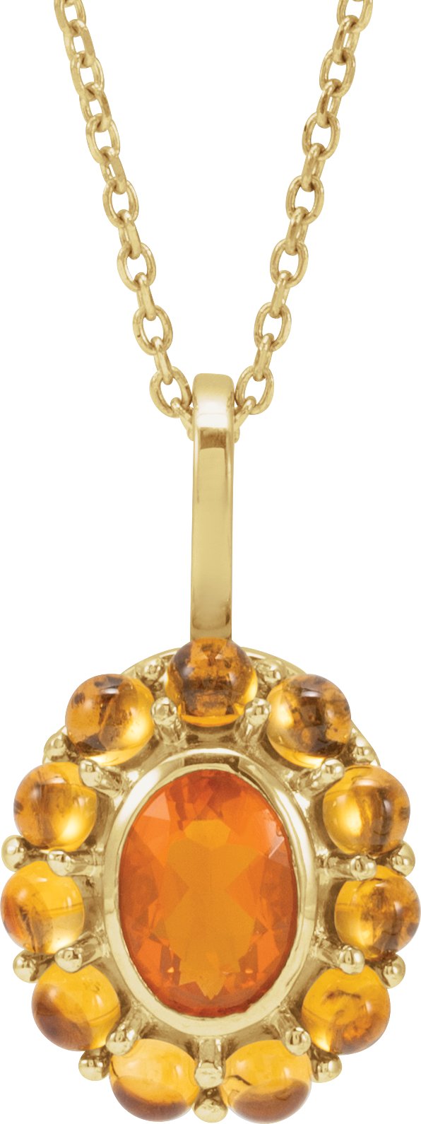 14K Gold Oval Natural Mexican Fire Opal & Natural Citrine Cabochon Halo-Style Necklace or Pendant - Yellow Gold