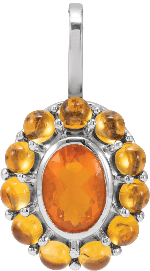 Platinum Oval Natural Mexican Fire Opal & Natural Citrine Cabochon Halo-Style Necklace or Pendant