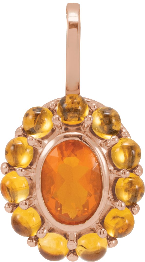 14K Gold Oval Natural Mexican Fire Opal & Natural Citrine Cabochon Halo-Style Necklace or Pendant - Rose Gold