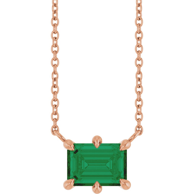 14K Gold Emerald Lab-Grown Emerald Solitaire Necklace – 7x5mm - Rose Gold