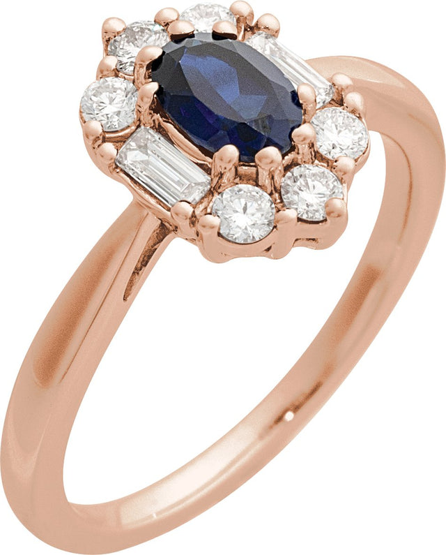 14K Gold Oval Lab-Grown Blue Sapphire & Natural Diamond Halo-Style Ring - Rose Gold