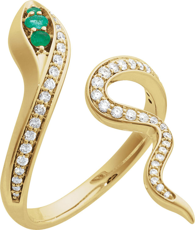 14K Gold Round Natural Emerald & Natural Diamond Accented Snake Ring - Yellow Gold