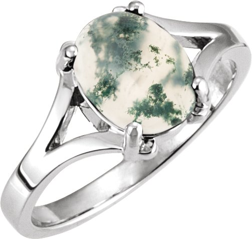 14K Gold Oval Natural Moss Agate Cabochon Ring - White Gold