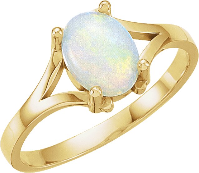 14K Gold Oval Natural White Opal Cabochon Ring – 8x6mm - Yellow Gold