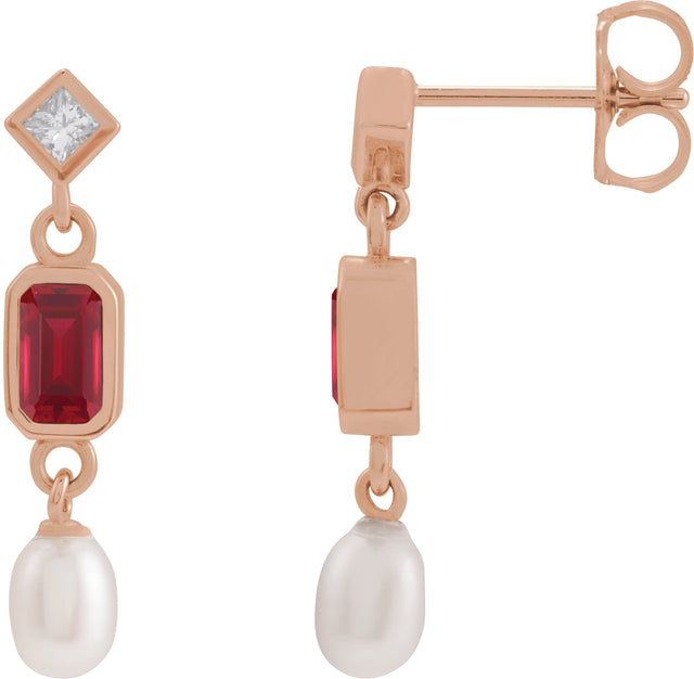 14K Gold Emerald Lab-Grown Ruby & Cultured White Akoya Pearl & Natural Diamond Accented Pearl Earrings - Rose Gold