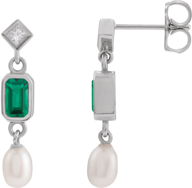Platinum Emerald Lab-Grown Emerald & Cultured White Akoya Pearl & Natural Diamond Accented Pearl Earrings
