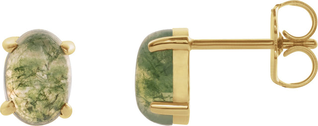 14K Gold Natural Moss Agate Oval 4-Prong Cabochon Earrings - Yellow Gold