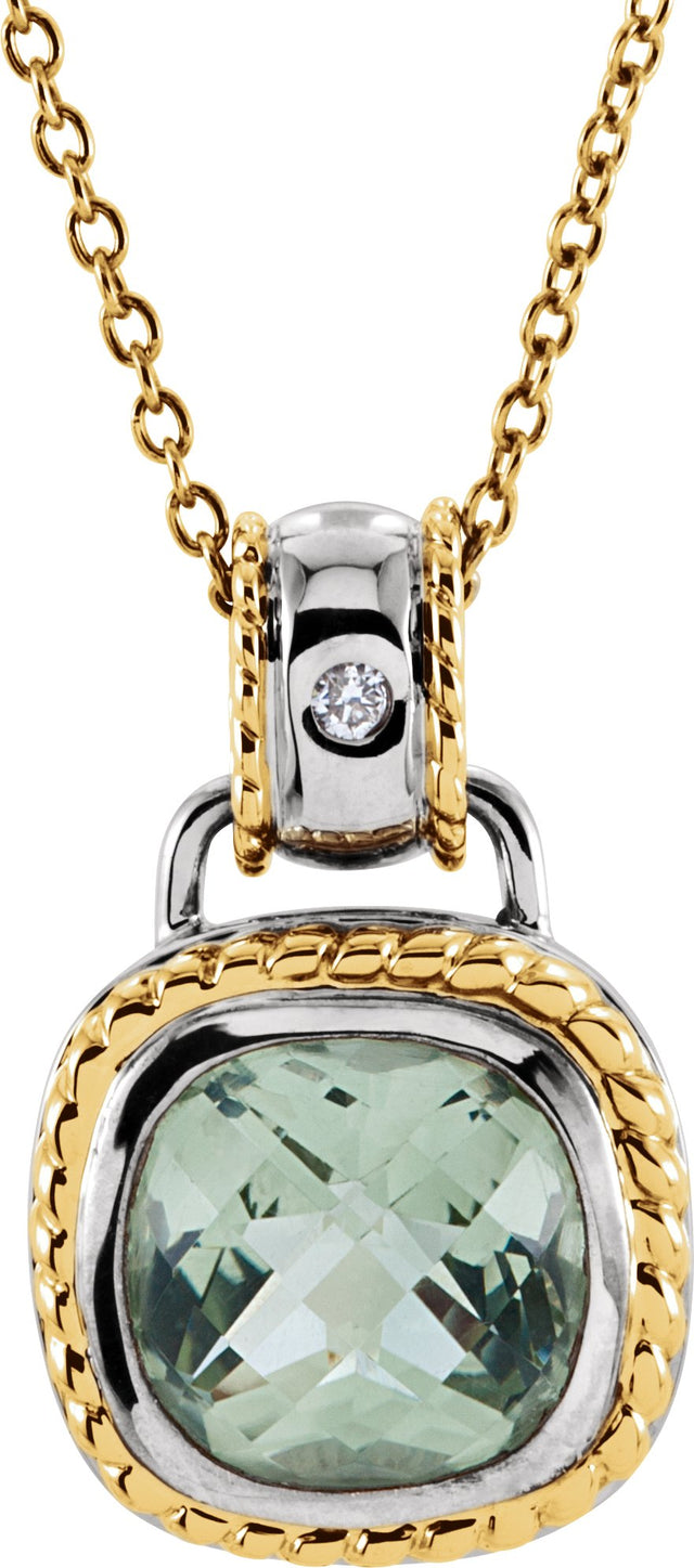 14K Gold Cushion Natural Green Quartz & Natural Diamond Accented Necklace