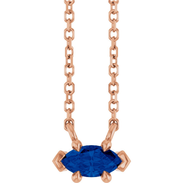 14K Gold Marquise Natural Blue Sapphire Solitaire Necklace - Rose Gold