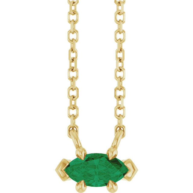 14K Gold Marquise Natural Emerald Solitaire Necklace - Yellow Gold