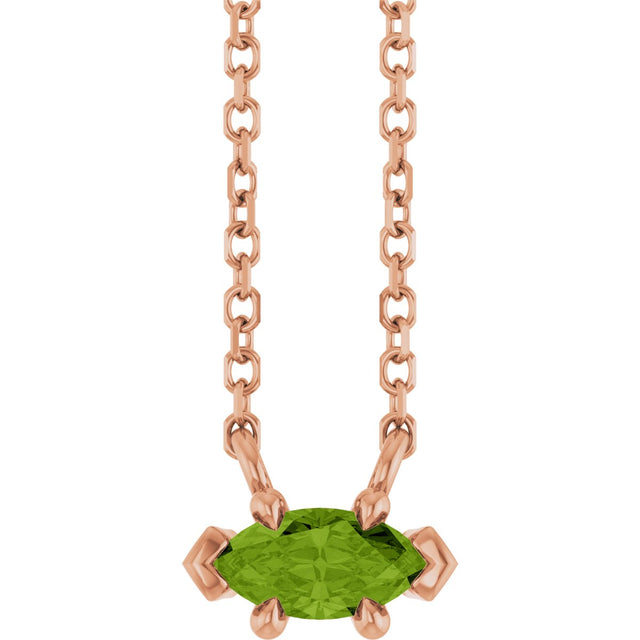 14K Gold Marquise Natural Peridot Solitaire Necklace - Rose Gold