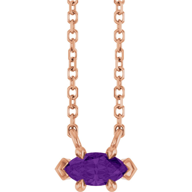 14K Gold Marquise Natural Amethyst Solitaire Necklace - Rose Gold