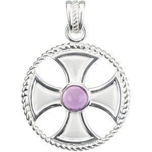 14K Gold Round Natural Amethyst Rope Maltese Cross Pendant - White Gold