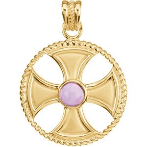 14K Gold Round Natural Amethyst Rope Maltese Cross Pendant - Yellow Gold