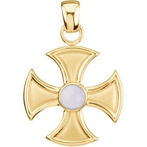 14K Gold Round Natural Blue Chalcedony Solitaire Maltese Cross Pendant - White Gold
