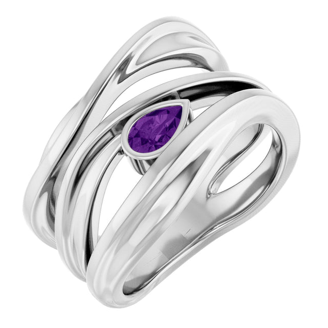Platinum Pear Natural Amethyst Accented Negative Space Ring