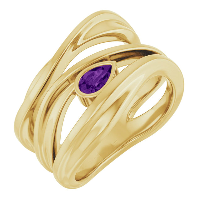 14K Gold Pear Natural Amethyst Accented Negative Space Ring - Yellow Gold