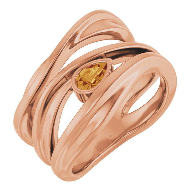 14K Gold Pear Natural Citrine Accented Negative Space Ring - Rose Gold