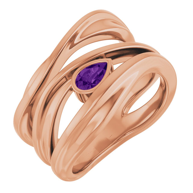 14K Gold Pear Natural Amethyst Accented Negative Space Ring - Rose Gold