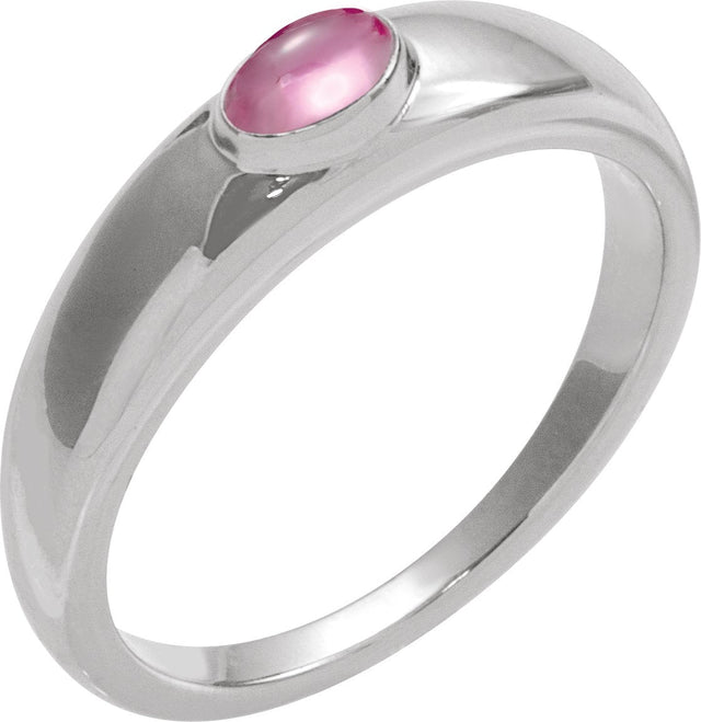 14K Gold Oval Natural Pink Tourmaline Cabochon Ring – 5-7mm Stones - White Gold