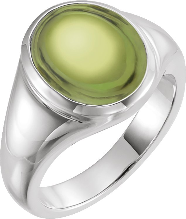 14K Gold Oval Natural Peridot Bezel-Set Cabochon Ring - White Gold
